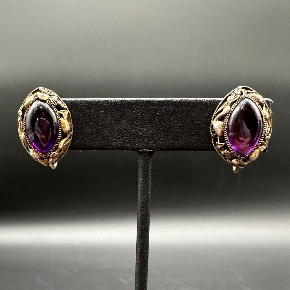 Antique Chinese Export Filigree Silver Enamel Amethyst Earrings Screw Back Gem
